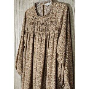 Indigo Soul XL Cottage Dress Brown Yellow Floral Smocked Maxi Long Sleeve Boho